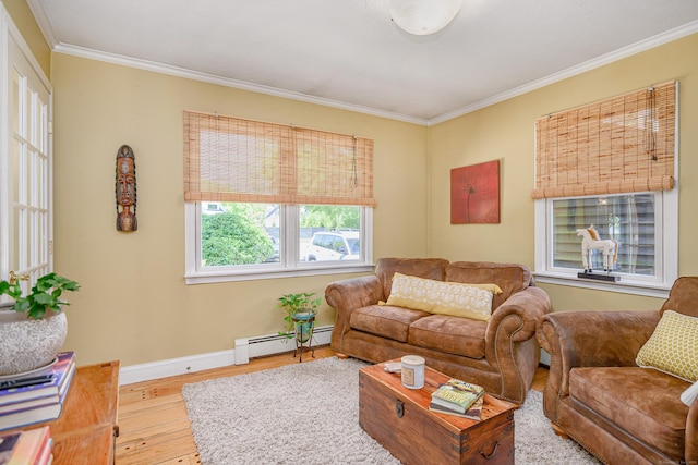 113 Toddy Hill Rd, Newtown, CT 06482 - living room featuring baseboard heating, wood finished floors, ornamental molding, and baseboards
