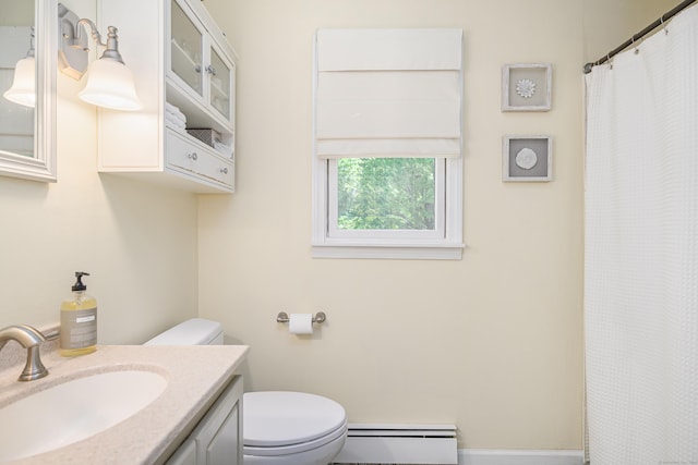 113 Toddy Hill Rd, Newtown, CT 06482 - full bathroom with a baseboard radiator, toilet, vanity, and curtained shower