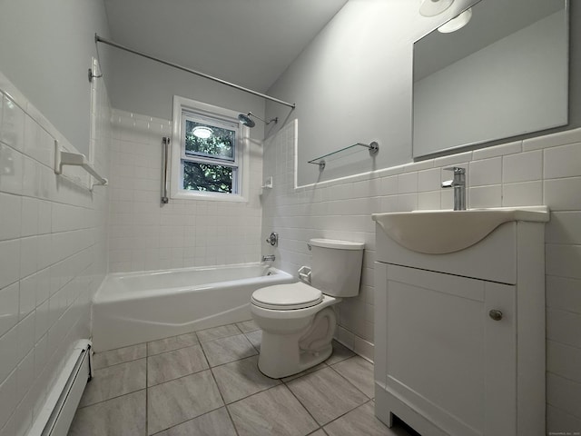 1105 Waterbury Rd Apt 1B, Cheshire, CT 06410 - bathroom with tile walls, a baseboard radiator, shower / tub combination, and vanity