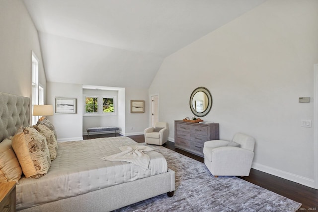 7 Sherwood Farms Ln, Westport, CT 06880 - bedroom featuring baseboards, dark wood-type flooring, and lofted ceiling