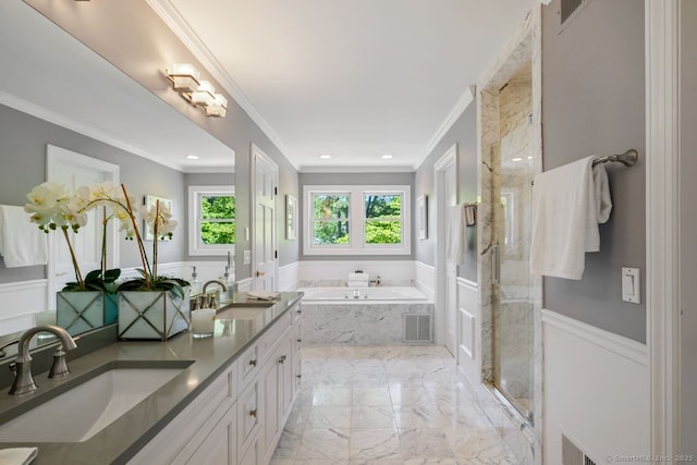 7 Sherwood Farms Ln, Westport, CT 06880 - bathroom featuring marble finish flooring, a garden tub, ornamental molding, a marble finish shower, and double vanity