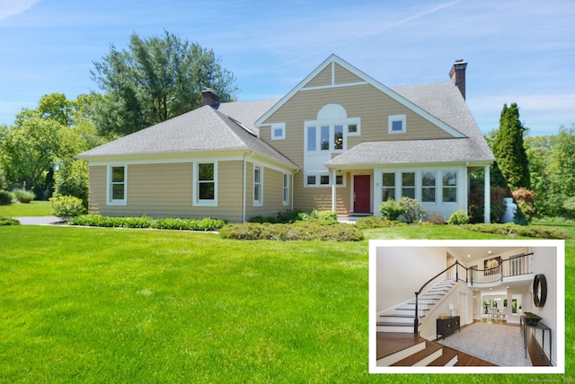 7 Sherwood Farms Ln, Westport, CT 06880 - view of front of home with a chimney, a front lawn, and roof with shingles