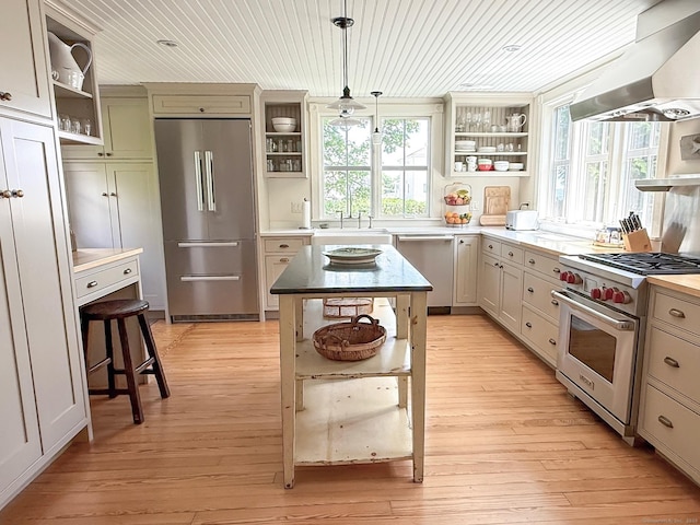 37 Orchard St, Stonington, CT 06378 - kitchen featuring open shelves, high end appliances, wall chimney exhaust hood, wood ceiling, and light wood-style flooring