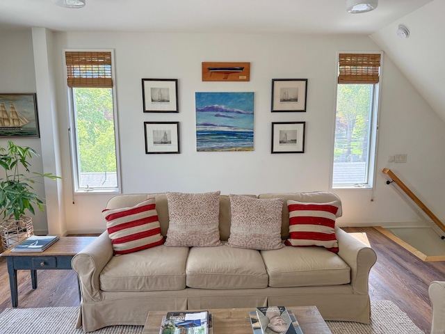 37 Orchard St, Stonington, CT 06378 - living room with healthy amount of natural light, baseboards, wood finished floors, and vaulted ceiling