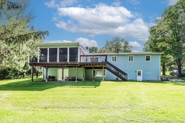 8 Prospect Ct, Brookfield, CT 06804 - back of house featuring a sunroom, stairs, a lawn, and a deck