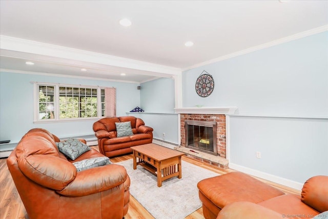 8 Prospect Ct, Brookfield, CT 06804 - living room with light wood-style floors, a baseboard heating unit, ornamental molding, recessed lighting, and a fireplace