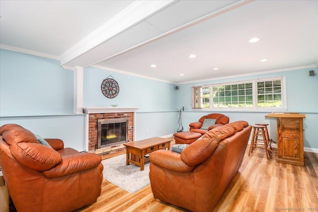 8 Prospect Ct, Brookfield, CT 06804 - living area with light wood-style floors, ornamental molding, recessed lighting, a brick fireplace, and baseboards