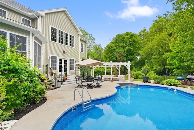 100 Pembroke Ter, Glastonbury, CT 06033 - swimming pool featuring a pergola, an outdoor living space, a patio, and french doors
