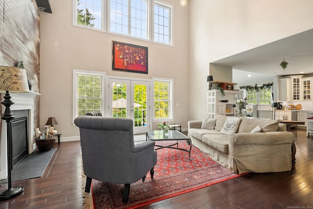 100 Pembroke Ter, Glastonbury, CT 06033 - living room featuring a high ceiling, dark wood-style floors, a glass covered fireplace, and baseboards