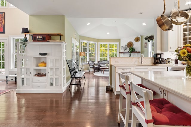 100 Pembroke Ter, Glastonbury, CT 06033 - kitchen with a sink, white cabinets, dark wood-style flooring, light stone countertops, and lofted ceiling