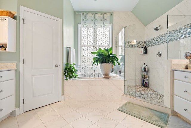 100 Pembroke Ter, Glastonbury, CT 06033 - full bathroom featuring a walk in shower, a garden tub, vanity, and lofted ceiling
