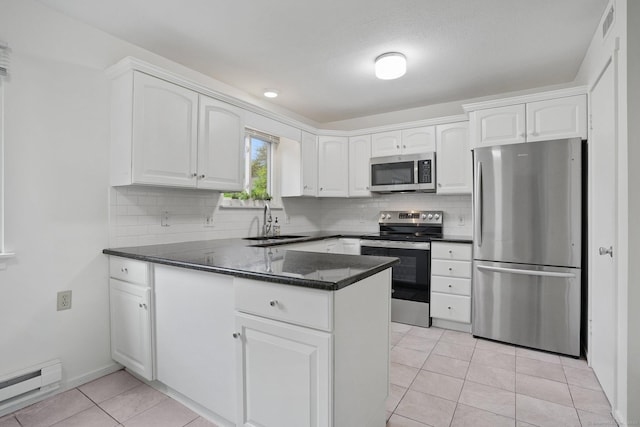 738 Heritage Vlg Unit B, Southbury, CT 06488 - kitchen with appliances with stainless steel finishes, a baseboard heating unit, a sink, a peninsula, and white cabinets