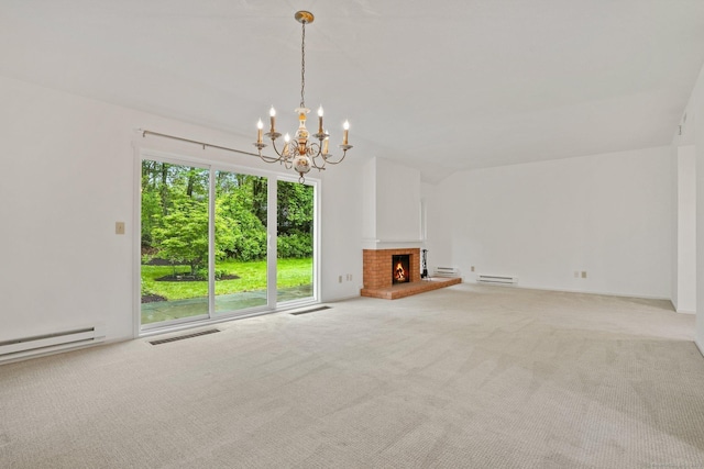 738 Heritage Vlg Unit B, Southbury, CT 06488 - unfurnished living room featuring carpet, a chandelier, baseboard heating, a brick fireplace, and lofted ceiling