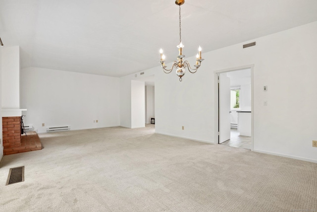 738 Heritage Vlg Unit B, Southbury, CT 06488 - unfurnished living room with a chandelier, light colored carpet, baseboard heating, and baseboards