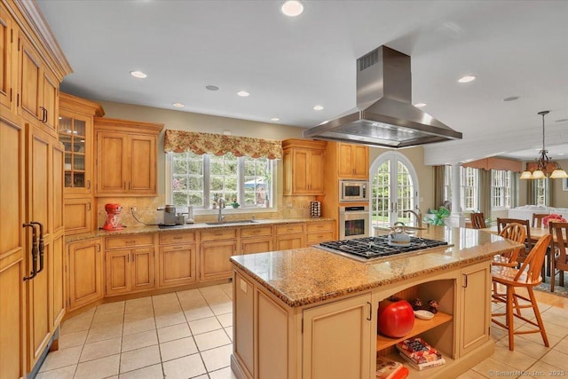 15 Surrey Ridge Rd, Killingworth, CT 06419 - kitchen with island exhaust hood, stainless steel appliances, a sink, light tile patterned floors, and decorative backsplash
