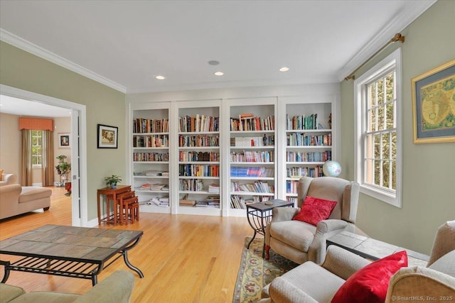 15 Surrey Ridge Rd, Killingworth, CT 06419 - sitting room with ornamental molding, wood finished floors, recessed lighting, built in features, and baseboards