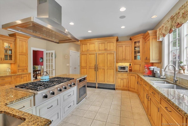 15 Surrey Ridge Rd, Killingworth, CT 06419 - kitchen featuring island range hood, appliances with stainless steel finishes, a sink, recessed lighting, and glass insert cabinets