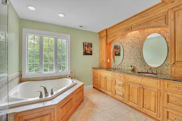 15 Surrey Ridge Rd, Killingworth, CT 06419 - full bath with double vanity, a bath, backsplash, and tile patterned flooring