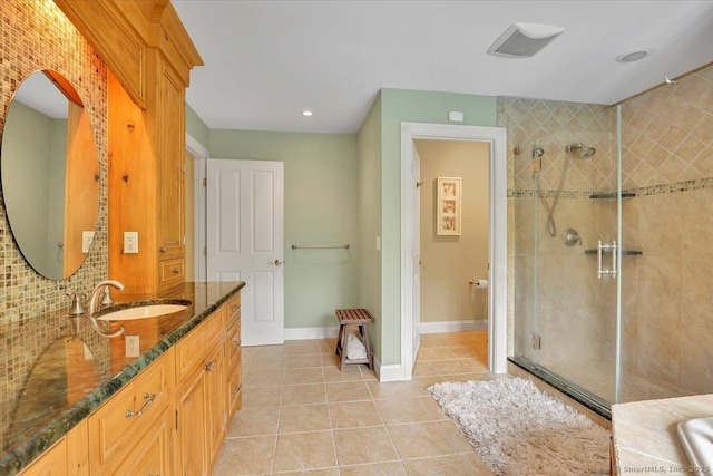15 Surrey Ridge Rd, Killingworth, CT 06419 - bathroom with vanity, a shower stall, tile patterned flooring, baseboards, and backsplash