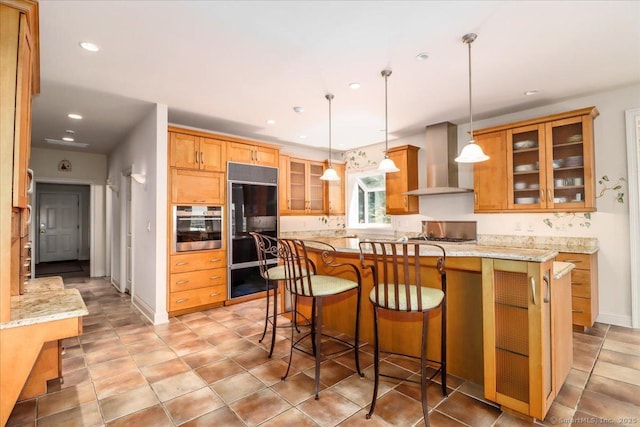 12 Fox Run, Sherman, CT 06784 - kitchen featuring high quality fridge, stainless steel oven, wall chimney range hood, recessed lighting, and glass insert cabinets