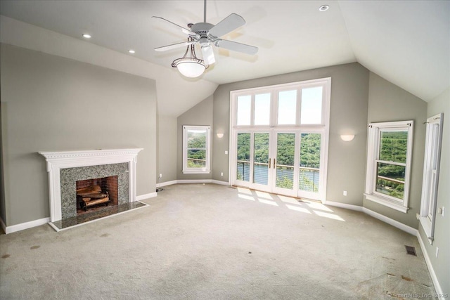 12 Fox Run, Sherman, CT 06784 - unfurnished living room with carpet flooring, vaulted ceiling, baseboards, and a fireplace