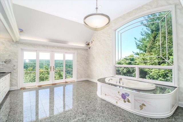 12 Fox Run, Sherman, CT 06784 - bathroom with baseboards, a tub, french doors, and vanity