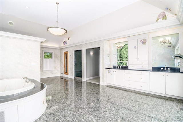 12 Fox Run, Sherman, CT 06784 - full bathroom featuring double vanity, a tub, baseboards, ornamental molding, and speckled floor