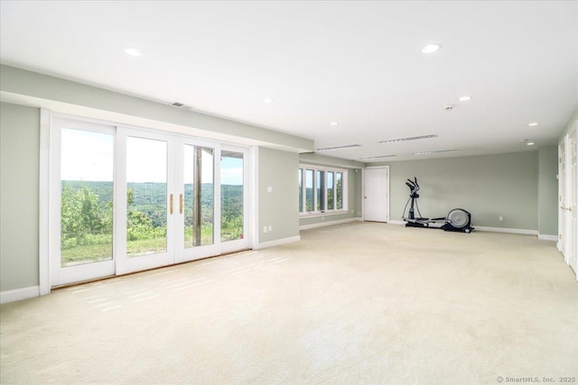 12 Fox Run, Sherman, CT 06784 - unfurnished living room featuring light carpet, baseboards, and recessed lighting
