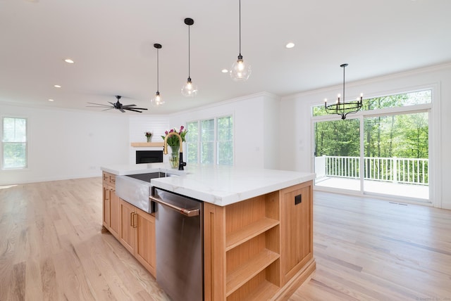 81 Nelson Dr, Burlington, CT 06013 - kitchen with dishwasher, crown molding, a fireplace, light wood-style flooring, and open shelves