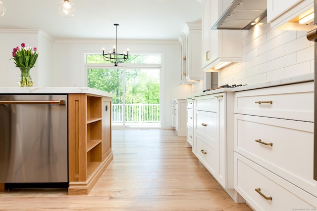 81 Nelson Dr, Burlington, CT 06013 - kitchen with stainless steel dishwasher, under cabinet range hood, decorative backsplash, light wood-style flooring, and ornamental molding