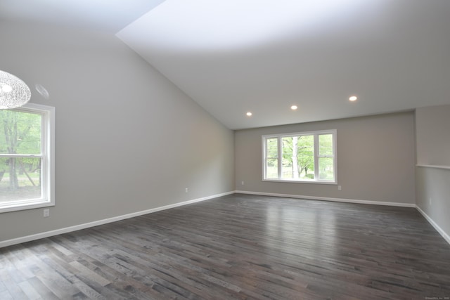 252 Plains Rd, Tolland, CT 06084 - spare room with vaulted ceiling, dark wood-type flooring, recessed lighting, baseboards, and a chandelier