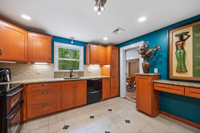 1 Russell Ln, Simsbury, CT 06070 - kitchen featuring a sink, black appliances, tasteful backsplash, light stone countertops, and brown cabinets