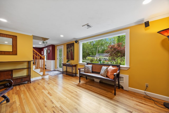 1 Russell Ln, Simsbury, CT 06070 - living area with ornamental molding, light wood-style flooring, stairs, recessed lighting, and baseboards