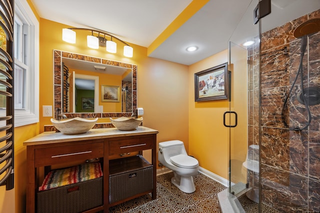 1 Russell Ln, Simsbury, CT 06070 - bathroom featuring toilet, a shower stall, vanity, baseboards, and recessed lighting