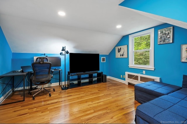 1 Russell Ln, Simsbury, CT 06070 - office space with vaulted ceiling, wood finished floors, baseboards, and recessed lighting