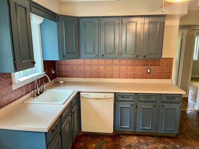 219 French St, Bristol, CT 06010 - kitchen with dishwasher, a sink, decorative backsplash, and light countertops