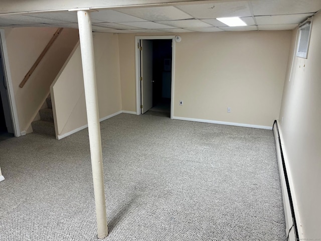 219 French St, Bristol, CT 06010 - finished basement with carpet flooring, baseboards, stairs, and a drop ceiling