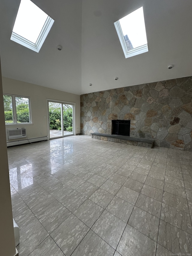 16 Neponsit St, Stamford, CT 06902 - unfurnished living room with a skylight, high vaulted ceiling, a stone fireplace, baseboard heating, and a wall mounted air conditioner