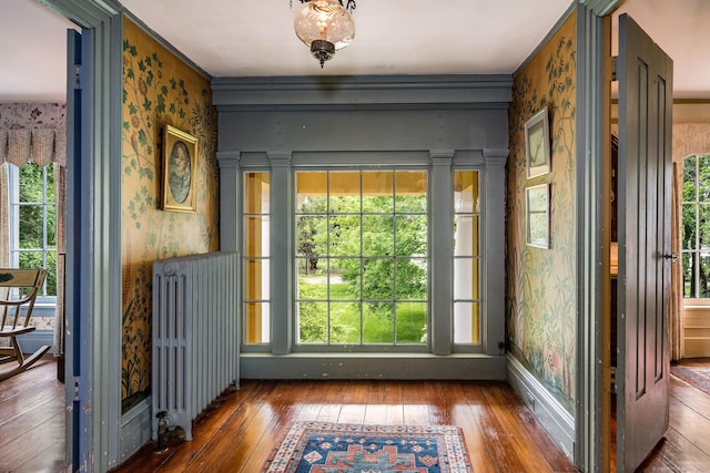 30 Meeting House Ln, Madison, CT 06443 - doorway to outside featuring radiator heating unit, wallpapered walls, hardwood / wood-style floors, and plenty of natural light
