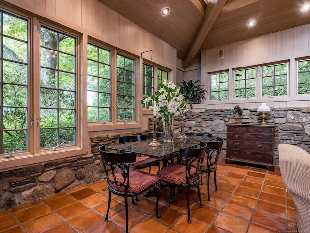 30 Meeting House Ln, Madison, CT 06443 - tiled dining space with wood ceiling with exposed beams, recessed lighting, wooden walls, and high vaulted ceiling