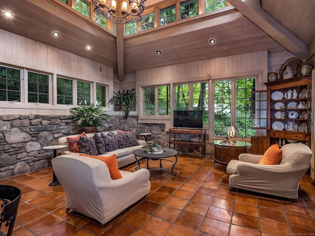 30 Meeting House Ln, Madison, CT 06443 - tiled living area with high vaulted ceiling, a chandelier, wooden ceiling with exposed beams, and recessed lighting