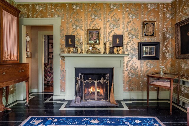 30 Meeting House Ln, Madison, CT 06443 - detailed view of a fireplace with flush hearth, wallpapered walls, and baseboards