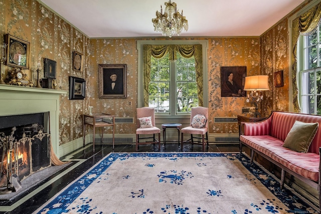 30 Meeting House Ln, Madison, CT 06443 - living room with a lit fireplace, wallpapered walls, and baseboards