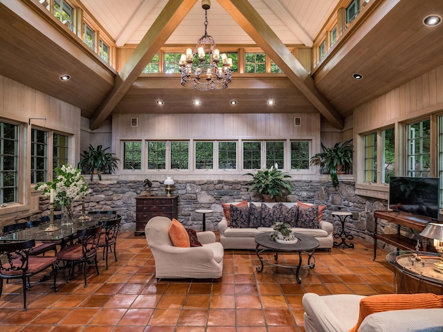 30 Meeting House Ln, Madison, CT 06443 - living area featuring high vaulted ceiling, a chandelier, tile patterned flooring, wooden ceiling with exposed beams, and recessed lighting