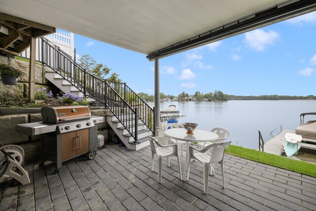 194 Killdeer Rd, Webster, MA 01570 - view of patio / terrace featuring stairway, a water view, area for grilling, and a dock