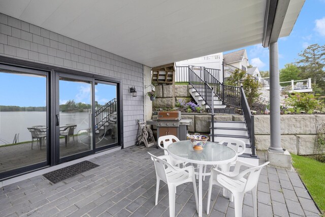 194 Killdeer Rd, Webster, MA 01570 - view of patio / terrace with stairway, outdoor dining space, a water view, and grilling area