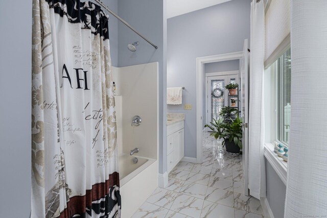 194 Killdeer Rd, Webster, MA 01570 - full bath featuring marble finish floors, shower / bathtub combination with curtain, vanity, and baseboards