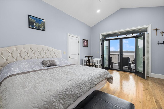 194 Killdeer Rd, Webster, MA 01570 - bedroom with access to exterior, light wood finished floors, high vaulted ceiling, baseboards, and recessed lighting