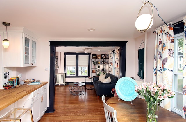 62 Mather St, Manchester, CT 06042 - dining area with radiator heating unit, wood finished floors, healthy amount of natural light, and ceiling fan