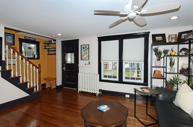 62 Mather St, Manchester, CT 06042 - living area featuring radiator, ornamental molding, stairway, ceiling fan, and recessed lighting